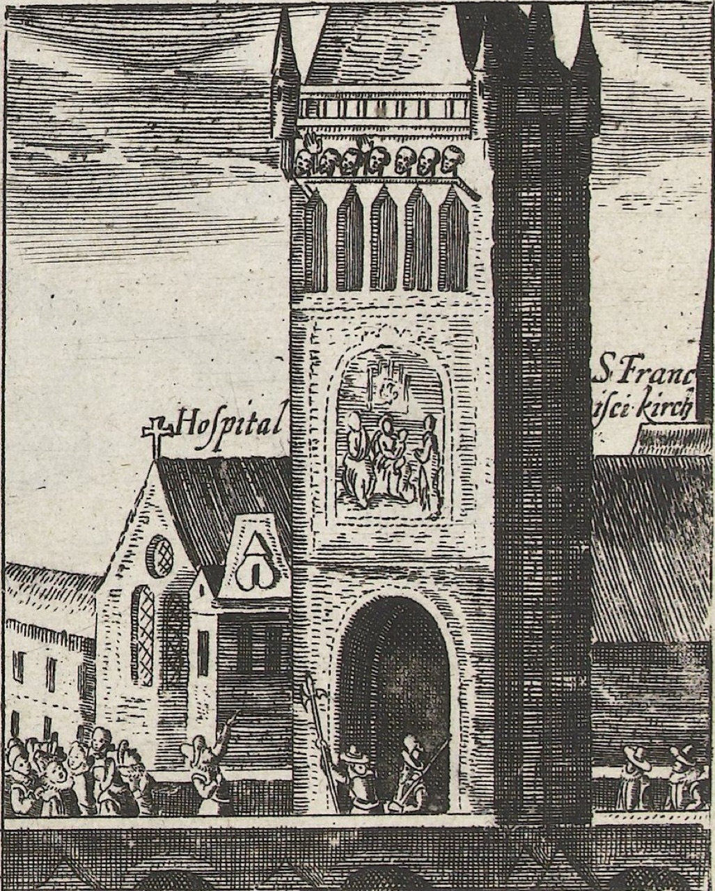Heads of the executed lords on the tower gallery, contemporary engraving, 1621