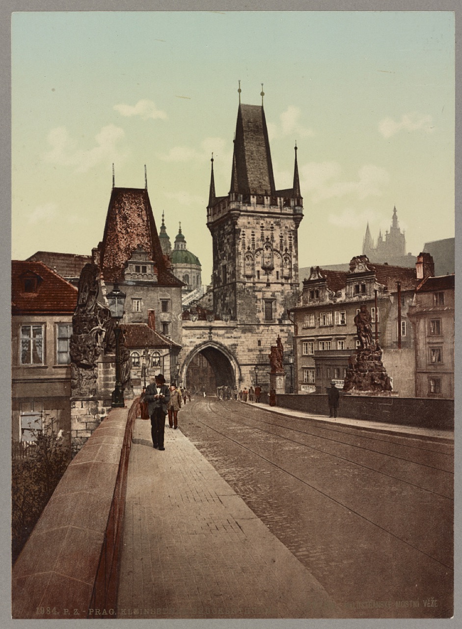 The Lesser Town bridge towers: the lower Judith Tower and the taller 15th-century tower. Photoglob, about 1890