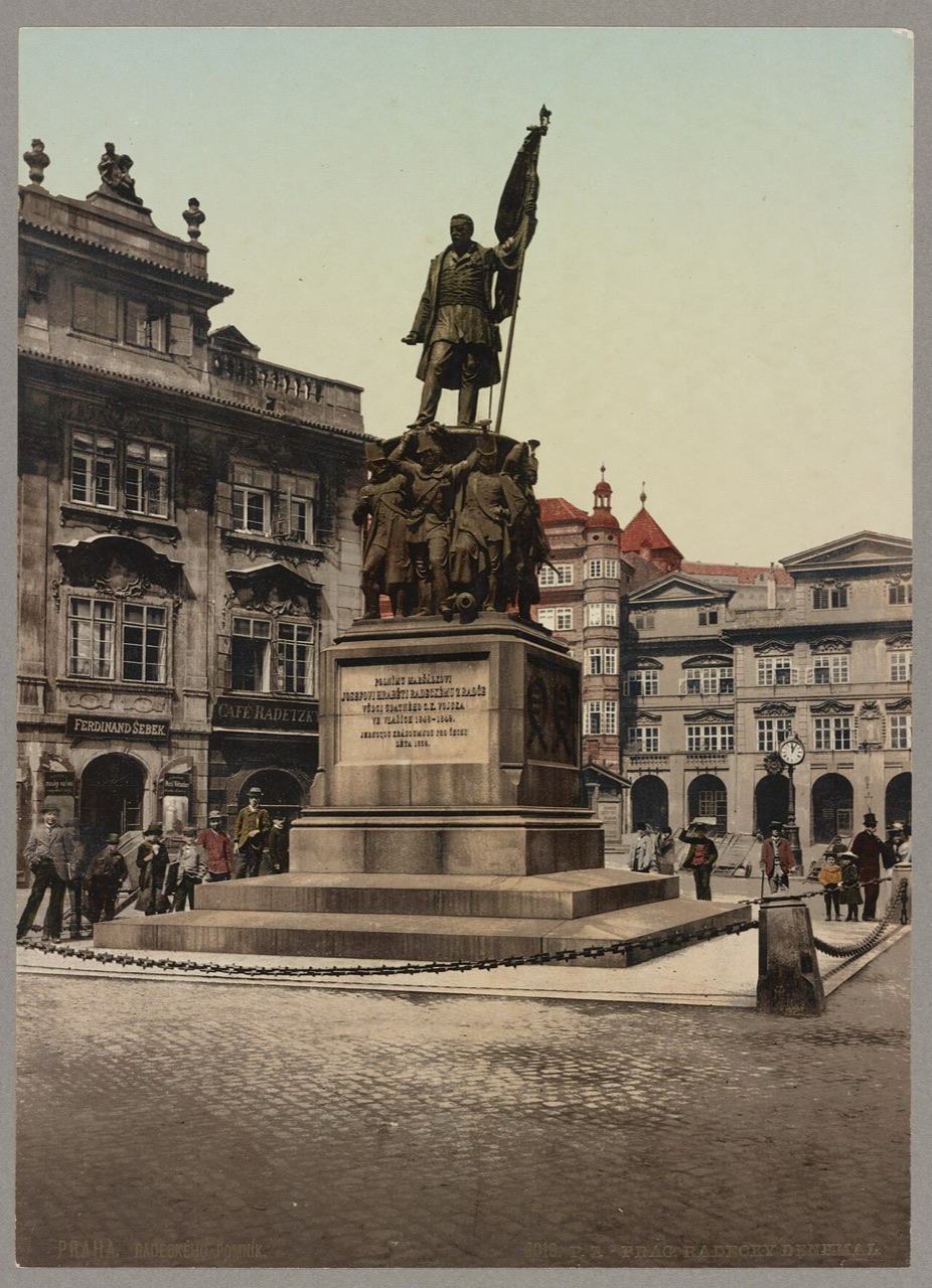 Lesser Town Square with the Radetzky monument (1858–1919) and St Nicholas Church, about 1890