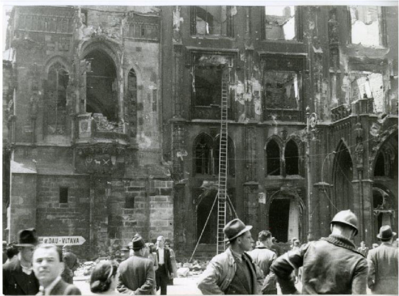 The Old Town Hall burnt out after the Prague Uprising, May 1945